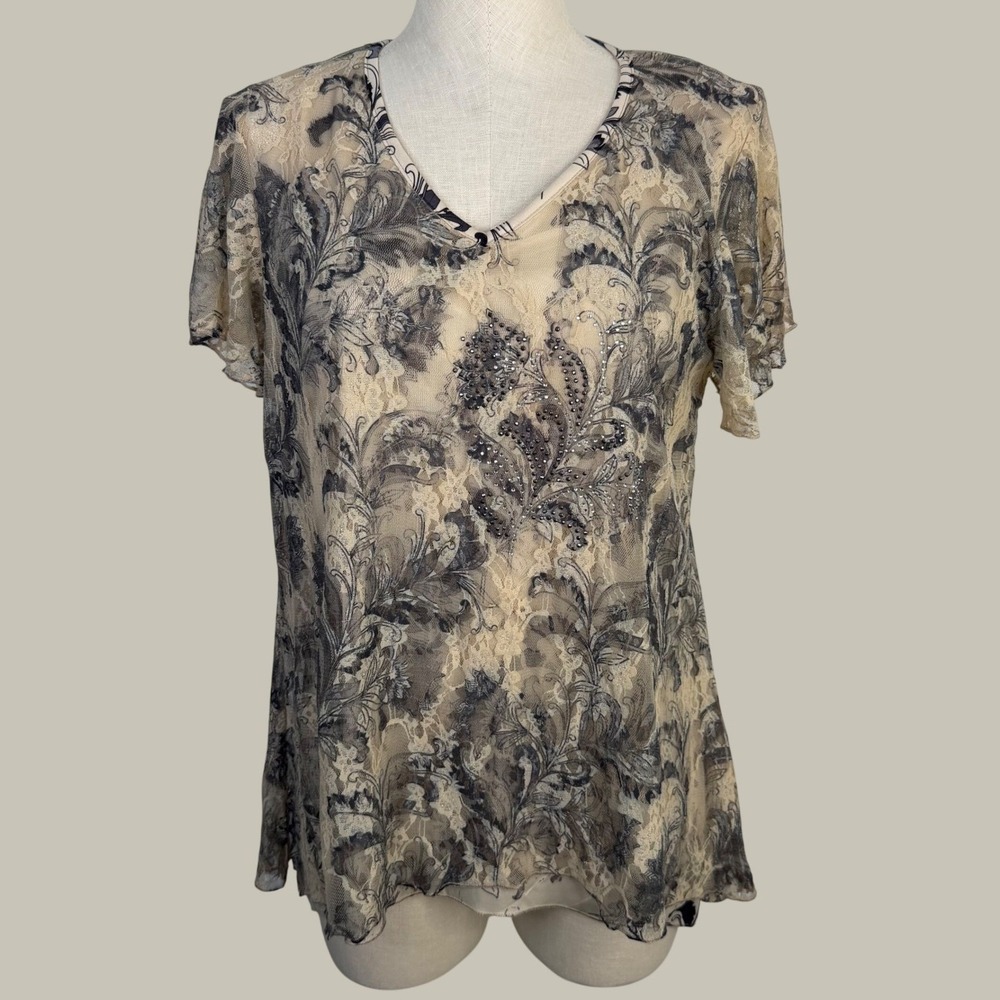 Y2K Large Floral Damask Mesh V Neck Top Rhinestones Tan Grey Short Sleeve Shirt